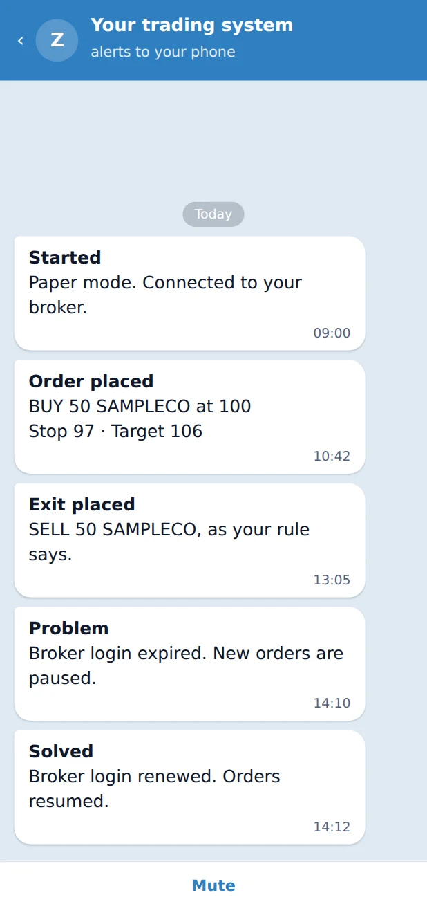 Alerts from the trading system on a phone, sample data